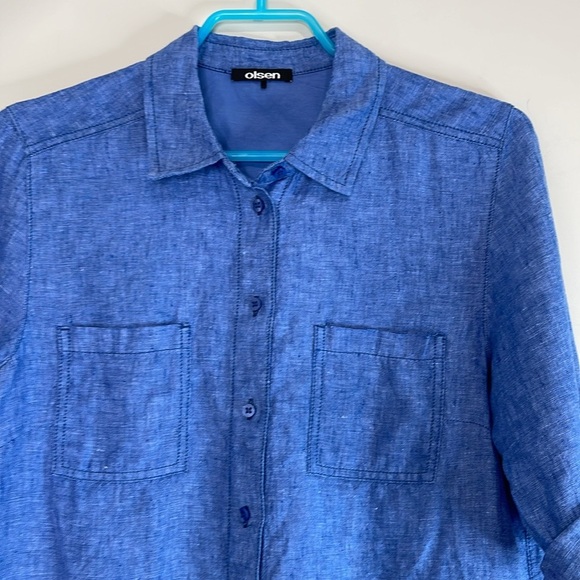 Olsen Linen Tab Sleeve Collared Button Up Ocean Breeze Blue Coastal Size S-M 8 - Picture 3 of 12